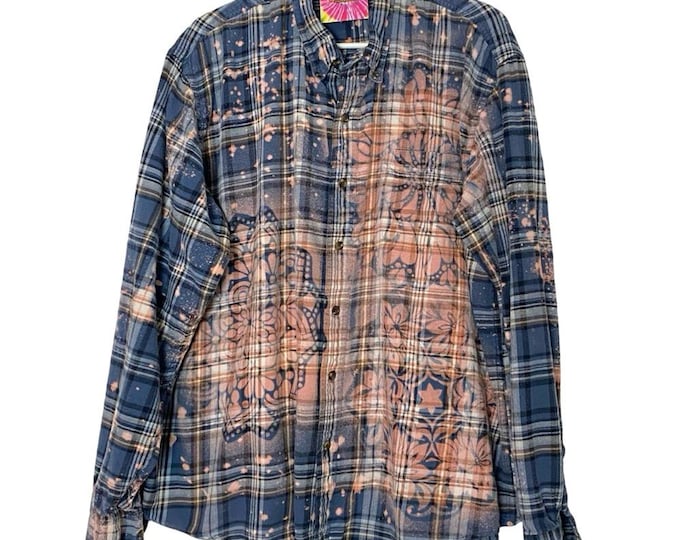 Upcycled Floral Flannel Shirt Mens Size XL XXL Bleached Plaid Button Down Blue