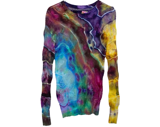 Handmade Geode Tie Dye Sweater Pullover Womens Size Small Sheer Stripe Colorful One Of A Kind Wearable Art Cotton Long Sleeve Free Shipping