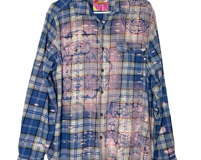 Handmade Floral Flannel Shirt Mens Size Large Unisex Bleached Plaid Button Down
