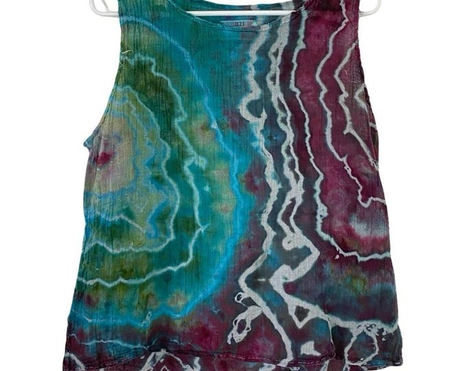 Upcycled Tie Dye Tank Top Womens Size Large UZI Crepe Texture Blue Burgundy
