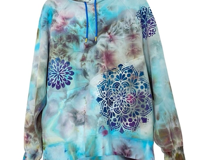 Upcycled Tie Dye Hoodie Sweatshirt Mens Size Large Unisex Pullover Hand Painted Blue Multi