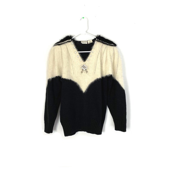 Vintage Beaded Sweater Holiday Bronze Beads Creamy White Wool Sweater Elegant Evening Wear Cocktail