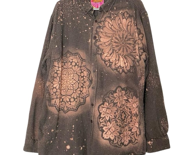 Handmade Floral Flannel Shirt Mens Size 2XL Unisex Upcycled Bleached Button Down