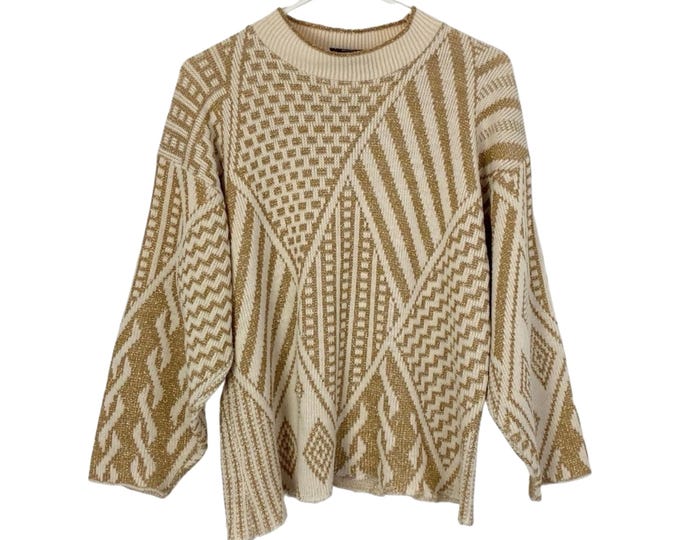 Vintage 80s 90s Grannycore Geometric Sweater Oversized Womens Size Large Gold Free Shpping