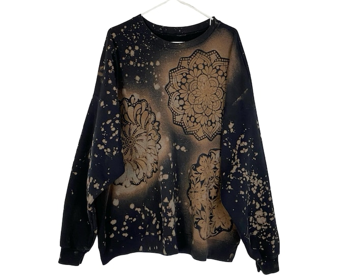 Handmade Floral Stencil Sweatshirt Pullover Womens Plus Size 2XL 3XL Mandala Black Unique One Of A Kind Wearable Art Oversized Free Shipping