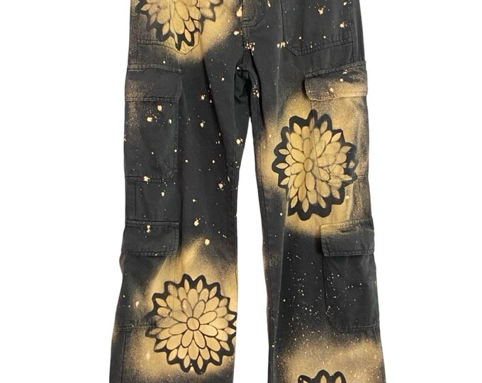 Custom Floral Cargo Pants Womens Size 6 Small Gray Wide Straight Leg Upcycled