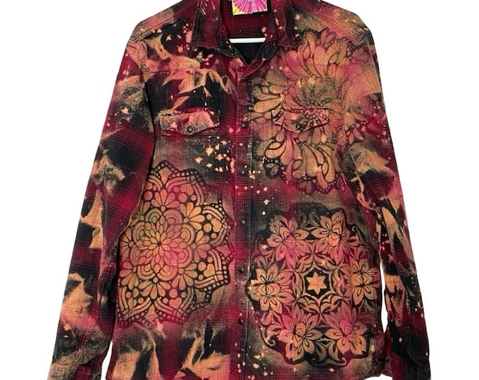 Handmade Floral Flannel Shirt Mens Size Large Unisex Bleached Plaid Button Down