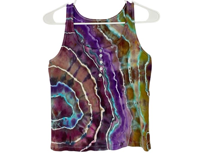 Henley Tie Dye Tank Top Womens Size Medium Geode Ribbed Mauve Pink Handmade Tan Free Shipping