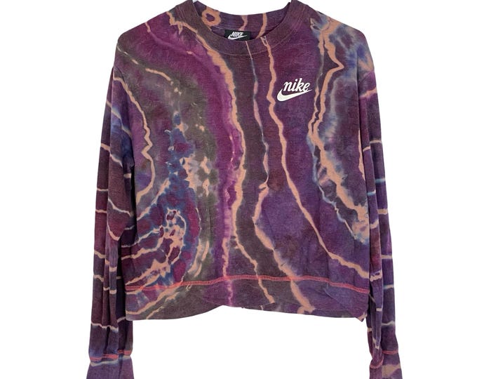 Upcycled Geode Tie Dye Tee Pullover Tshirt Womens Size Small Long Sleeve Crop Purple Pink One Of A Kind Handmade Wearable Art Free Shipping