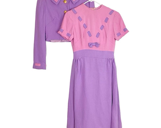Vintage Dress Jacket Set Womens Size 4 Small Pink Purple VTG 50s 60s Midi