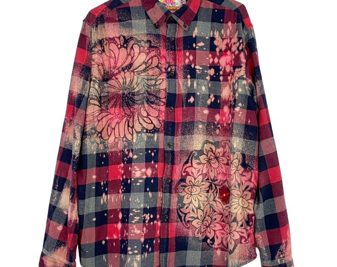 Handmade Boho Flannel Shirt Womens Size XL Buffalo Plaid Button Down Red Floral