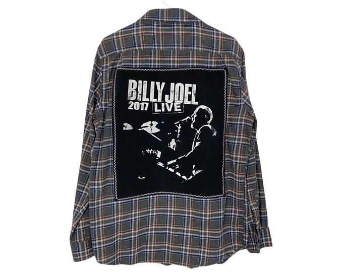 Billy Joel Flannel Shirt Mens Large Unisex Free Shipping Reworked Grey Plaid Upcycled Handmade Long Sleeve Button Down Band Flannel