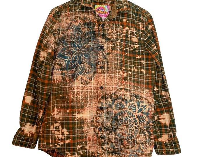 Handmade Floral Flannel Shirt Mens Size Medium Bleached Plaid Button Down Green