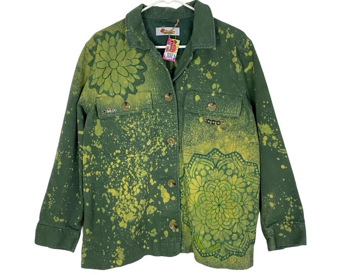 Handmade Upcycled Denim Jacket Womens Large Army Green Mandala Floral Stencil Free Shipping