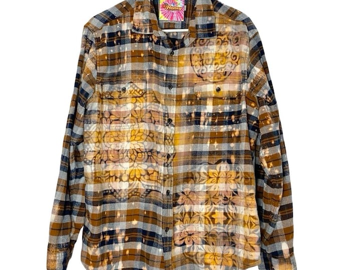 Upcycled Flannel Shirt Mens Size XL Unisex Handmade Floral Grunge Skater Plaid