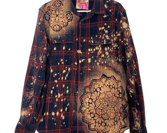 Handmade Floral Flannel Shirt Mens Size Large Unisex Bleached Plaid Button Down Free Shipping