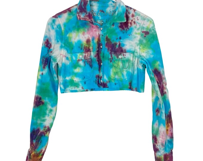 Upcycled Tie Dye Crop Button Down Shirt Womens Size XS Top Handmade Turquoise Blue Multi Colorful One Of A Kind Wearable Art Free Shipping