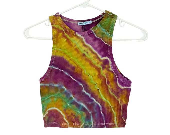 Tie Dye Ribbed Tank Top Womens Size Medium Upcycled Handmade Geode Gold Magenta