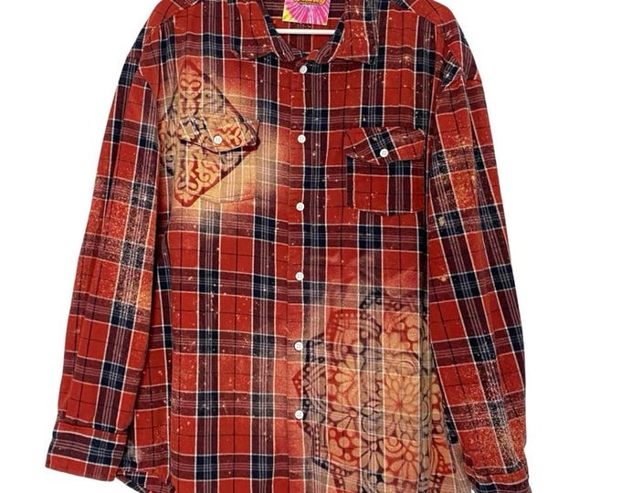 Handmade Floral Flannel Shirt Mens Size XL Unisex Bleached Plaid Button Down