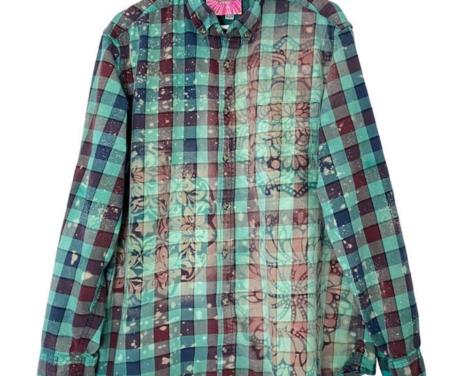 Handmade Floral Flannel Shirt Men Size XL Green Tie Dye Plaid Button Down Unisex