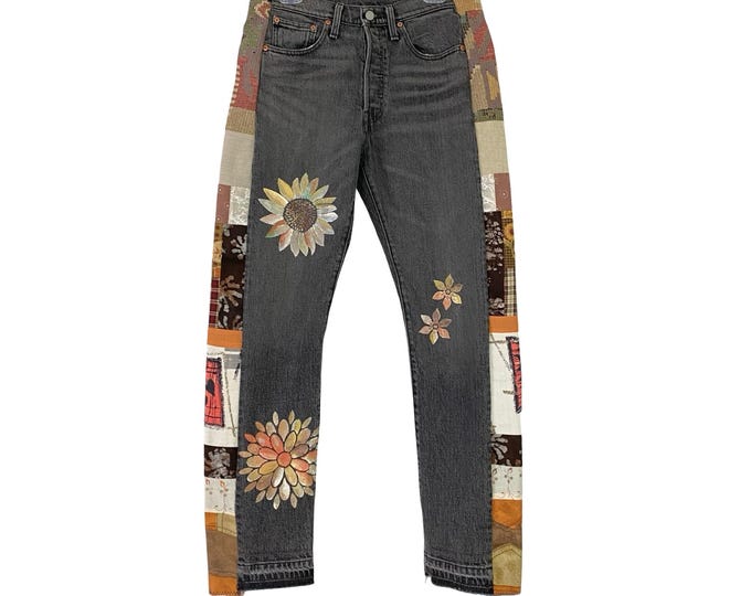 Levi’s 501 Custom Jeans Waist 29 Womens Size 8 Patchwork Levis Handmade Floral Denim Upcycled Hand Painted Flowers Free Shipping