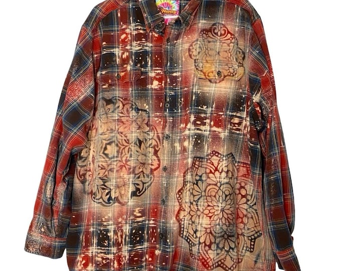 Handmade Floral Flannel Shirt Mens Size 3XL Unisex Bleached Plaid Button Down 3X