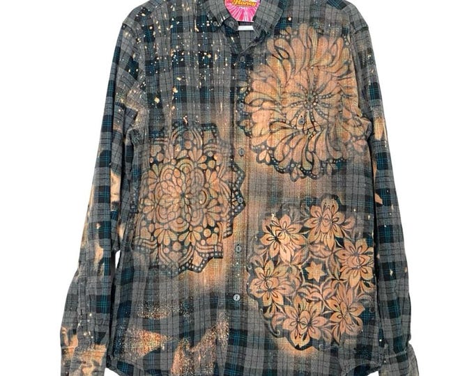 Handmade Floral Flannel Shirt Mens Size Large Unisex Bleached Plaid Button Down