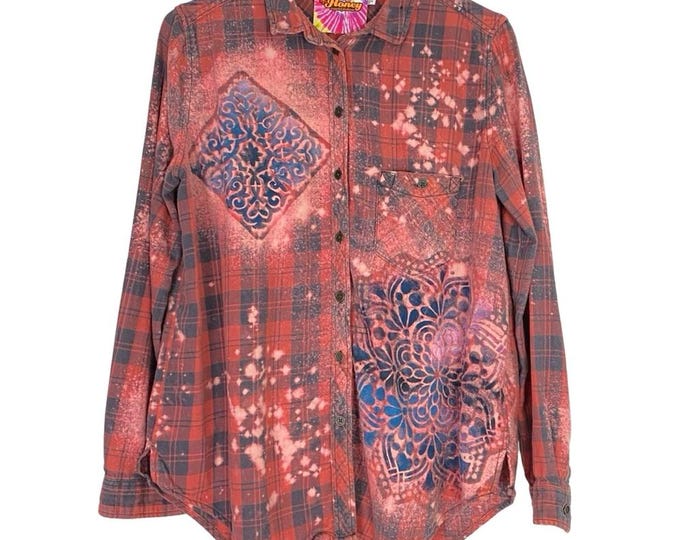 Handmade Floral Flannel Shirt Womens Size Medium Pink Bleached Plaid Button Down Free Shipping