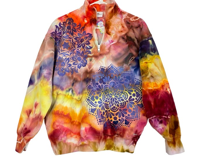 Upcycled Sweatfleece Women Size Small Cozy Fleece Mega Fit 1/4 Zip Sweatshirt Pullover Hand Painted Mockneck Purple Floral Free Shipping
