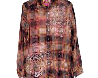 Handmade Floral Flannel Shirt Womens Size Medium Bleached Plaid Button Down Gold Free Shipping