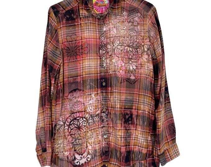 Handmade Floral Flannel Shirt Womens Size Medium Bleached Plaid Button Down Gold Free Shipping