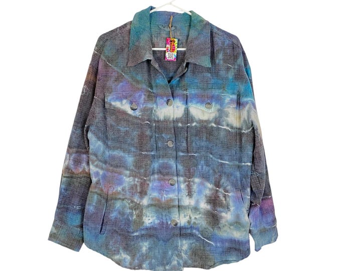 Handmade Tie Dye Button Down Shirt Shacket Jacket Womens Large XL Blue Pockets Free Shipping