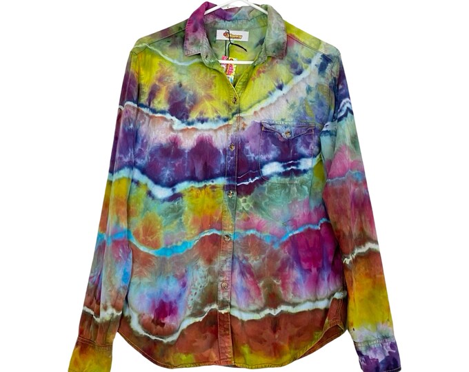 Handmade Tie Dye Button Down Shirt Womens Size Small Rainbow Colorful Upcycled Chambray Top Wearable Art Pocket Free Shipping