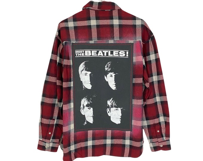 The Beatles Flannel Shirt Mens Large XL Unisex Free Shipping Reworked Plaid Button Down Handmade One Of A Kind Black Red Grey Cream Shacket