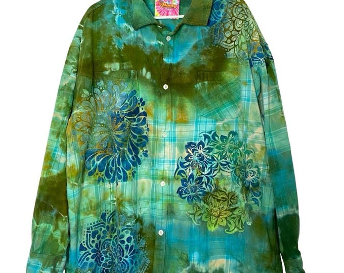 Handmade Floral Flannel Shirt Mens Size XXL Plus Size 2X 2XL Plaid Button Down