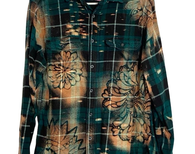 OOAK Custom Floral Flannel Bleached Shirt Mens Size Large Unisex Coastal Cowgirl
