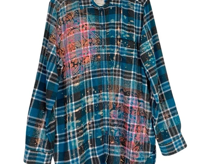 Handmade Floral Flannel Shirt Womens Size Large - XL Bleached Plaid Button Down Free Shipping