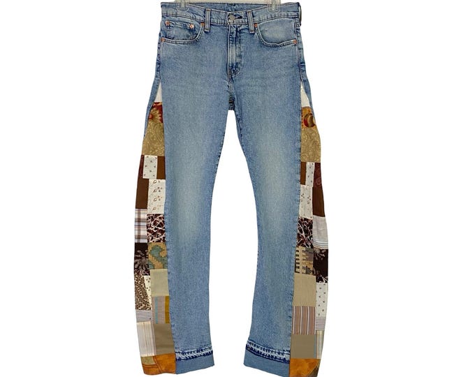 Levi’s 502 Custom Jeans Waist 29 Womens Size 8 Patchwork Flare Levis Handmade Upcycled Rare One Of A Kind Wearable Art Free Shipping