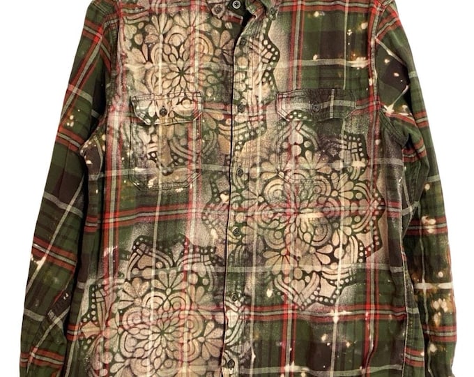 Custom Floral Flannel Bleached Shirt Mens Size Large Unisex Upcycled Green OOAK