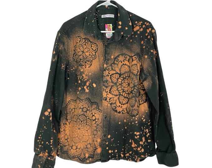 Upcycled Flannel Shirt Womens Size Large XL Boho Chic Floral Mandala Stencil Bleached Handmade Dark Green Farmouse Top Free Shipping