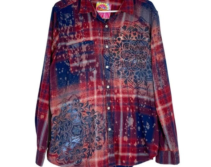Handmade Floral Flannel Shirt Womens Size XL Bleached Plaid Button Down Top Red Free Shipping