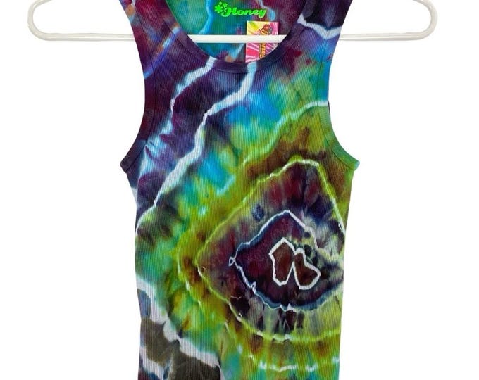 Handmade Geode Tie Dye Ribbed Tank Top Womens Size Small Multi Green Upcycled
