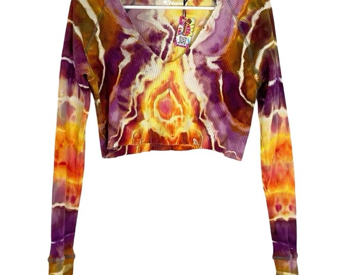 Handmade Geode Tie Dye Thermal Shirt Womens Size Small Crop Top Boho Chic Multi