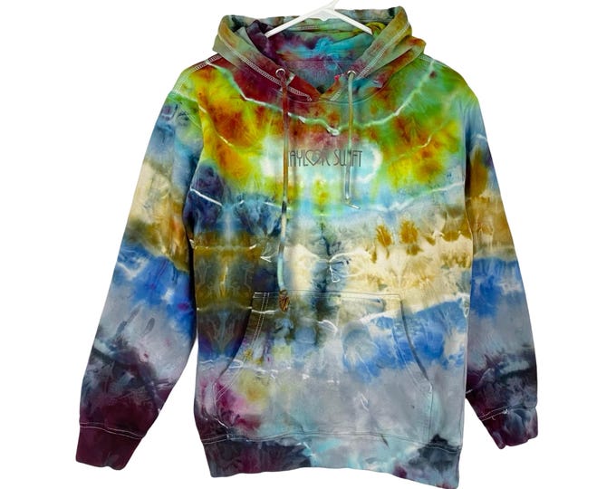 Handmade Tie Dye Hoodie Sweatshirt Pullover Unisex Small Upcycled Colorful Green Rainbow Multi Front Pocket One Of A Kind Free Shipping