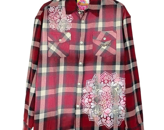 Boho Flannel Shirt Womens Large XL Unisex Upcycled Handmade Mandala Stencil Plaid Hand Painted Cotton Red
