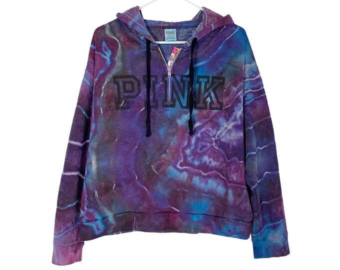 Handmade Geode Tie Dye Sweatshirt Pullover Hoodie Womens Large Oversized Cropped Purple Upcycled 1/4 Zip One Of A Kind Free Shipping