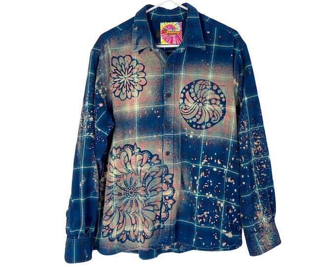 Handmade Flannel Shirt Upcycled Floral Mandala Women XL Blue Cotton Pocket Plaid