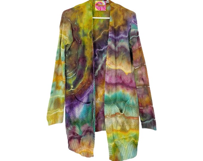 Handmade Ice Tie Dye Cardigan Sweater Womens Size XS Small Boho Chic Rainbow Multicolor Cotton Pockets One Of A Kind Free Shipping