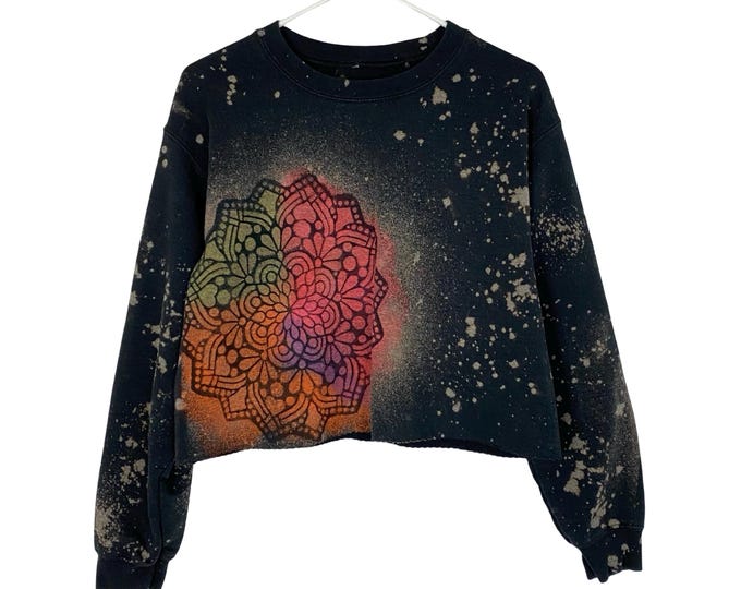 Handmade Cropped Sweatshirt Womens Size Small Floral Mandala Pullover Upcycled Wearable Art Free Shipping