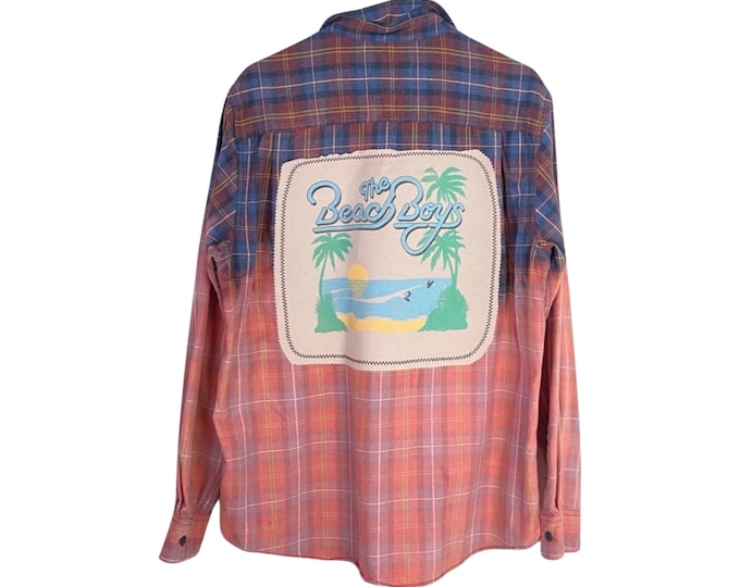 Beach Boys Band Flannel Shirt Mens Large Free Shipping Unisex Plaid Upcycled Ombre Bleached Rock Band Remade Redone Blue Pink Handmade